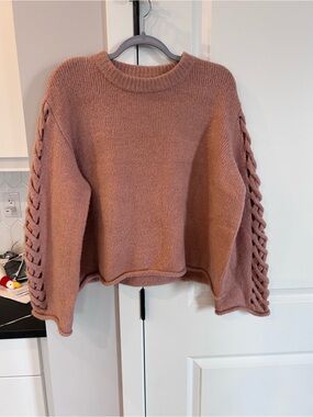 Coco + Carmen Blush Braided Sleeve Wool BlendSweater Feminine Cozy Knit Pullover